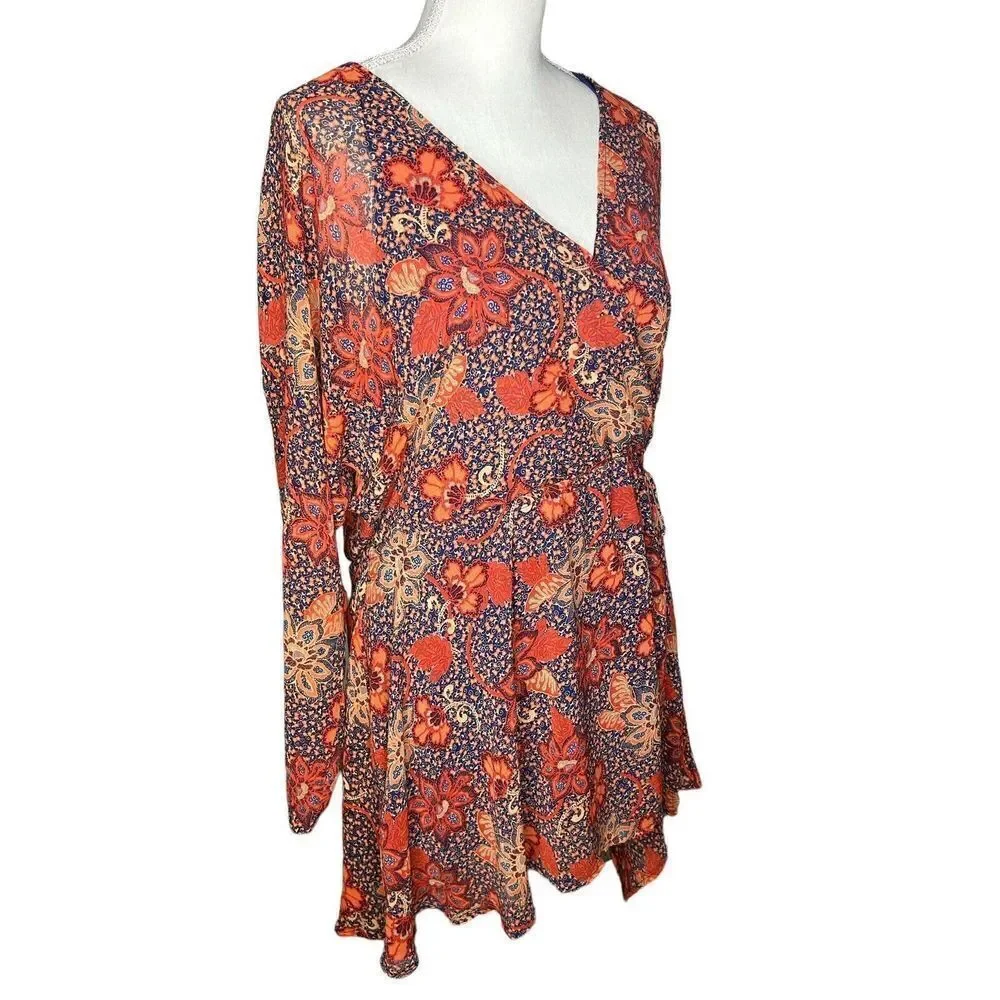 Free People Teegan Mini Dress Floral Print Orange Red Oversized Sz S NEW!